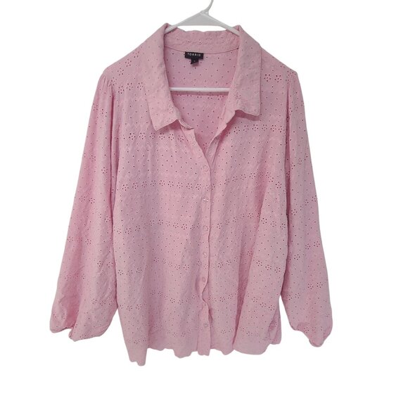 torrid Tops - Torrid Button Front Peplum Shirt Blouse Eyelet Size 5 X Pink Casual Office